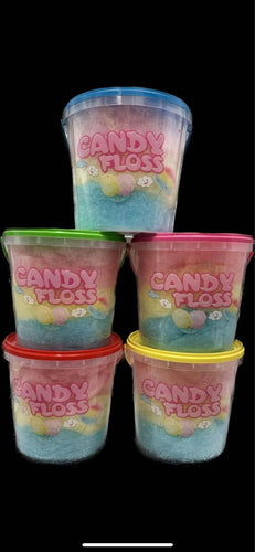 CANDY FLOSS BUCKETS, COMPLETE WITH INGREDIENTS LABEL ON THE SIDE, 2.5 ltr, £65 per box of 100, 5 mixed colours per box